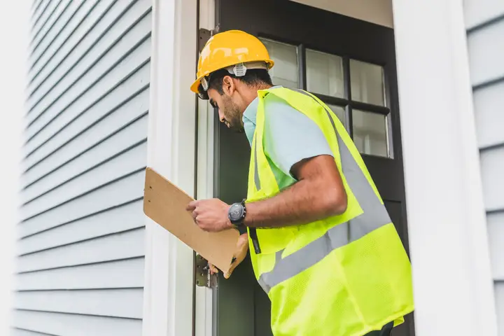 Inspector with a clipboard checking a house outdoors