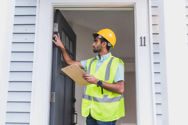 Inspector in a hard hat checking a door frame