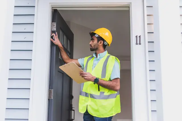 Inspector in a hard hat checking a door frame